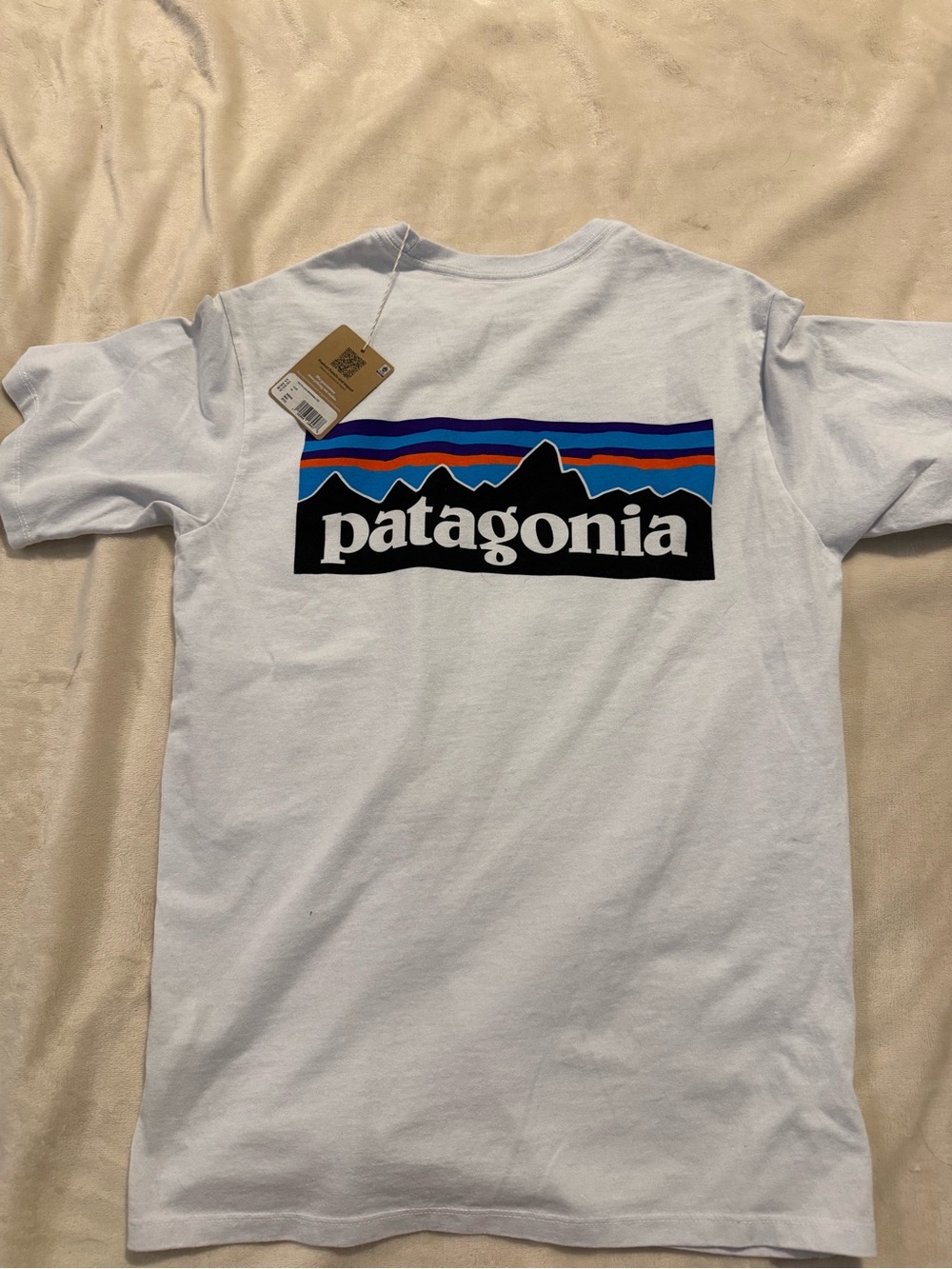 Patagonia White Tee with Blue, Purple and Orange Mountain Logo